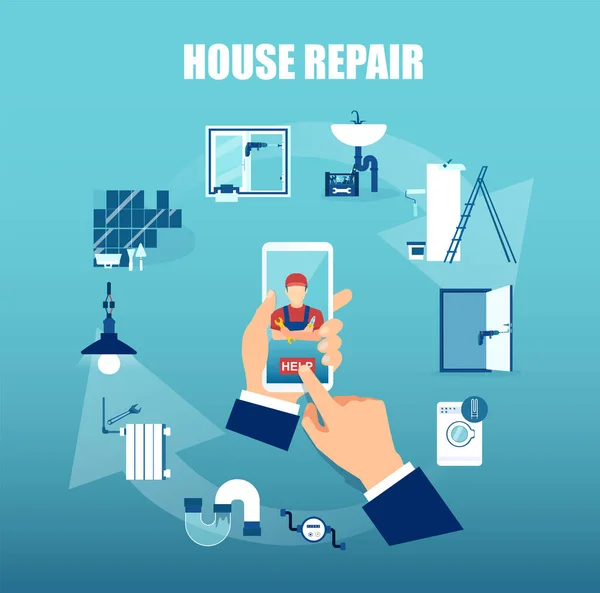 Vector Business Man Using Mobile App Request Professional Home Repair — Stock Vector