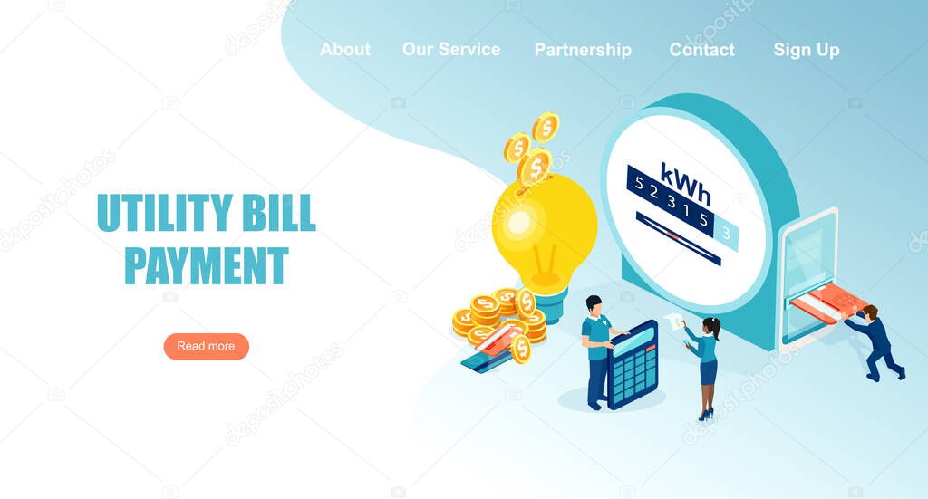 Vector landing page of people paying utility, electricity bills online 
