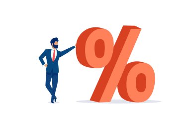 Beyaz arka planda kırmızı büyük bir yüzdenin yanında duran bir işadamının vektörü 