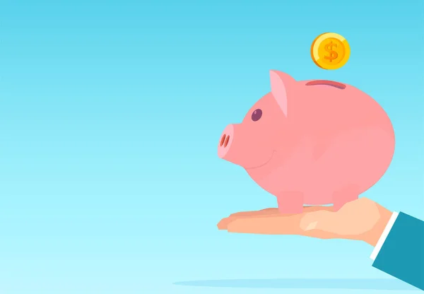 Vector Businessman Hand Holding Pink Piggy Bank Dollar Coin Deposit — Stock Vector