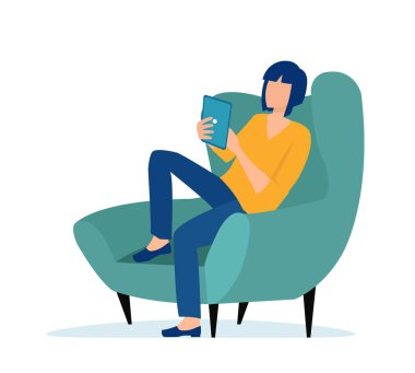 Beyaz arka planda izole edilmiş tablet bilgisayar kullanan sıradan bir kadının vektörü. 