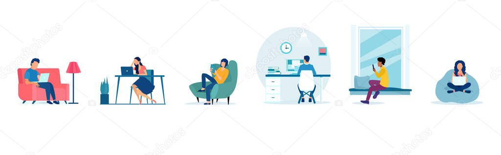 Vector of young people working at home, man and woman freelancing using laptops and computers 