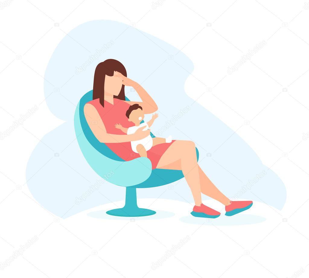 Vector of a sad woman with a child in her arms. Postpartum depression concept. 