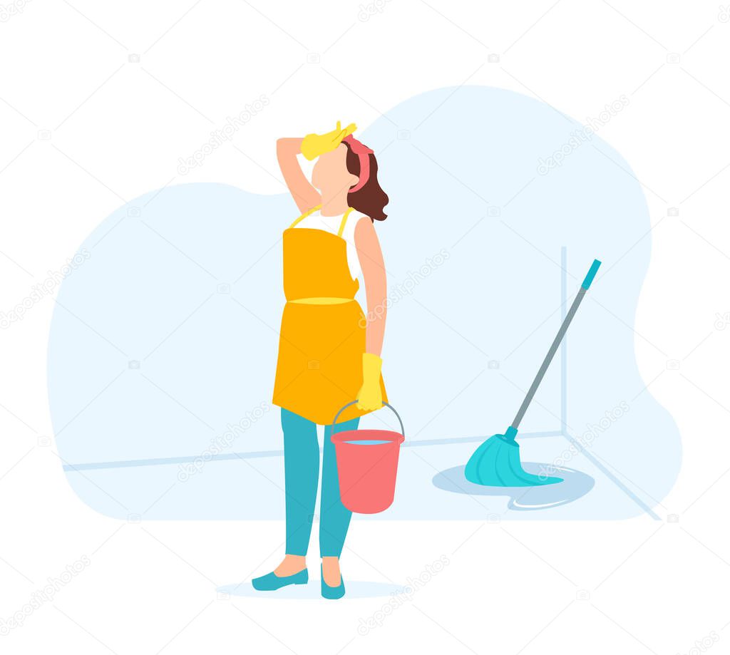 Vector of a tired frustrated female housekeeper 