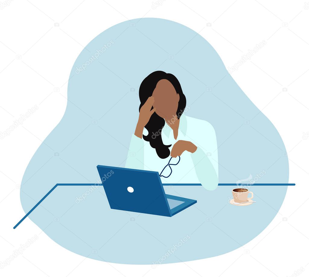 Vector of an exhausted tired businesswoman in office sitting at desk feeling depressed 