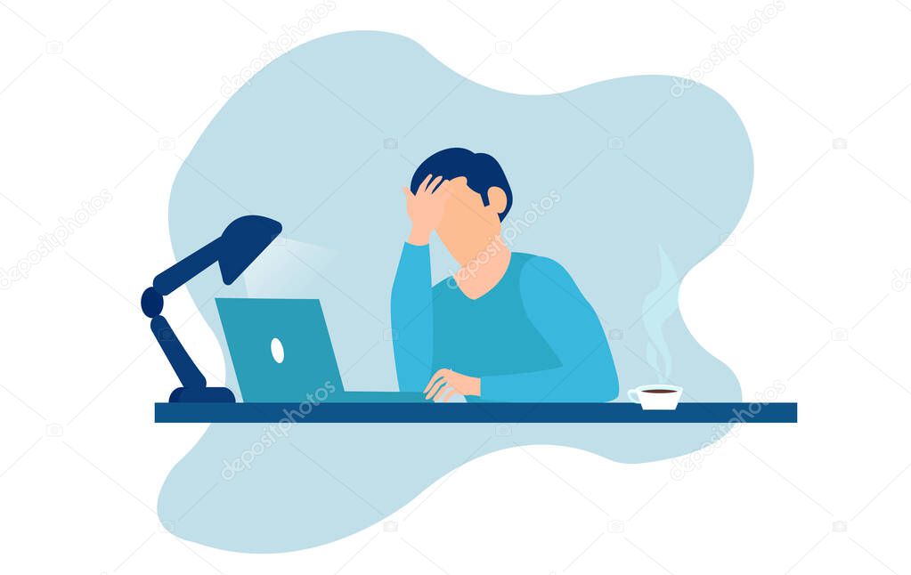 Vector of stressed tired young man sitting at table working on laptop computer 