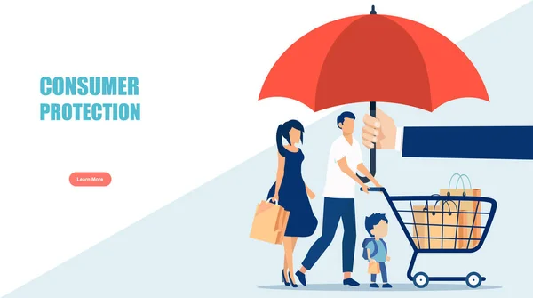 Vecteur Une Jeune Famille Avec Panier Sous Parapluie Concept Protection — Image vectorielle