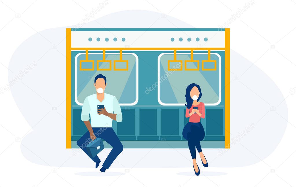 Vector of a young man and a woman in public transport wearing face masks 