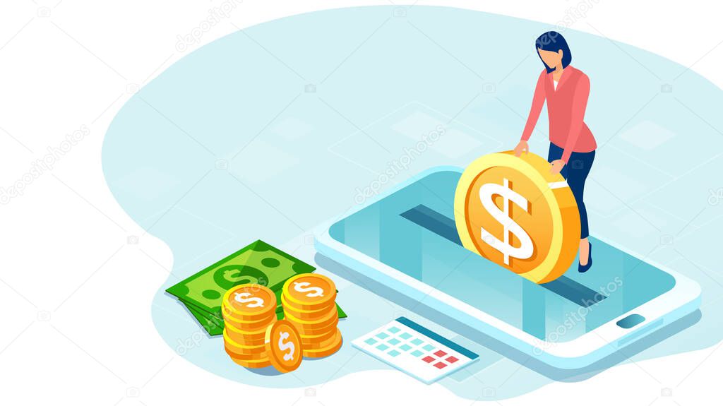 Vector of a business woman making money deposit via mobile app
