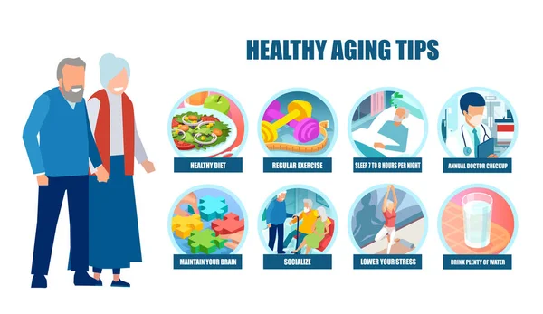 一对老年夫妇的病媒遵循医生关于健康衰老的建议 — 图库矢量图片