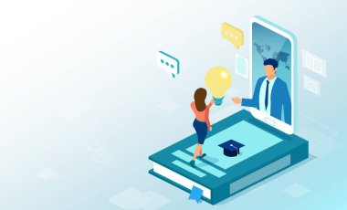 İnternet eğitmeni tarafından tavsiye edilen çevrimiçi eğitim uygulamasını kullanan bir öğrencinin vektörü 