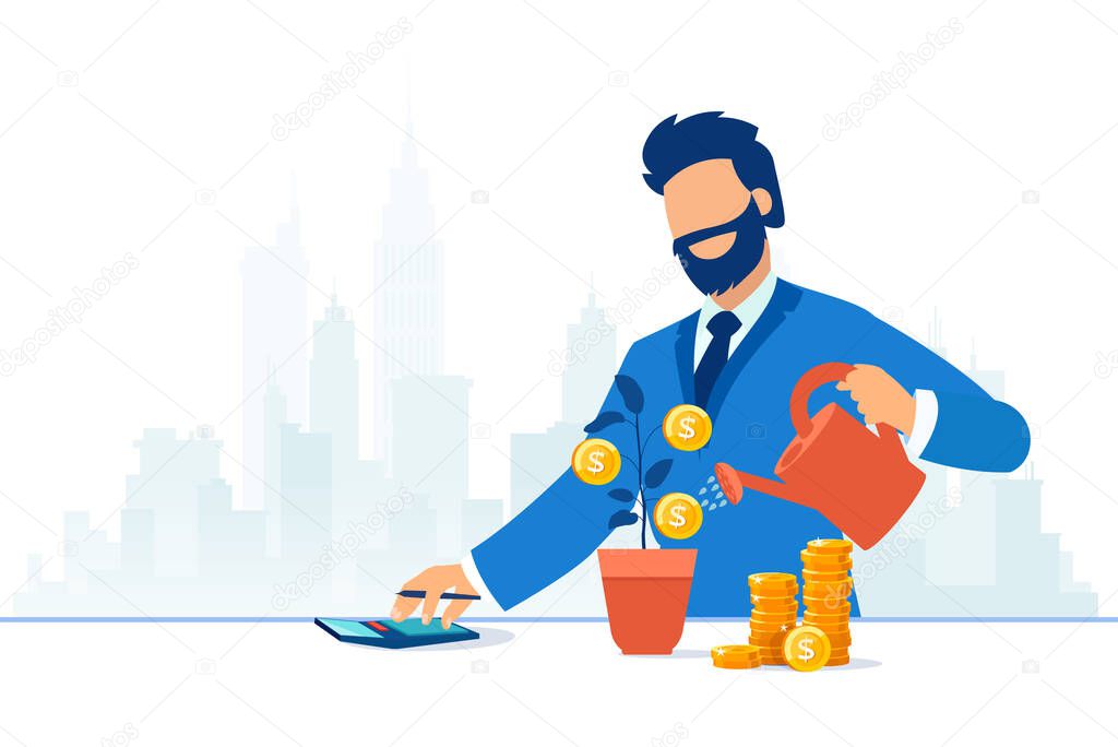 Vector of a businessman watering dollar plant making calculations 