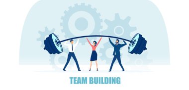 Bir iş ekibinin vektörü iki erkek ve bir kadın birlikte ağır barları kaldırıyor. Takım oluşturma kavramı 