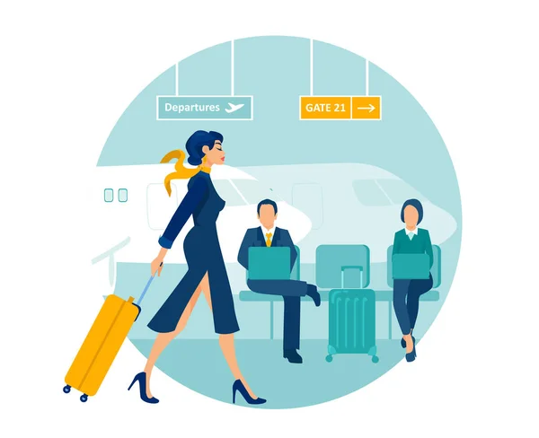 一个带着手提箱走在机场候机楼的优雅女商人的病媒 — 图库矢量图片