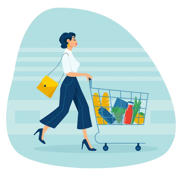 Vector Young Elegant Woman Pushing Supermarket Shopping Cart Full Groceries — Stock Vector