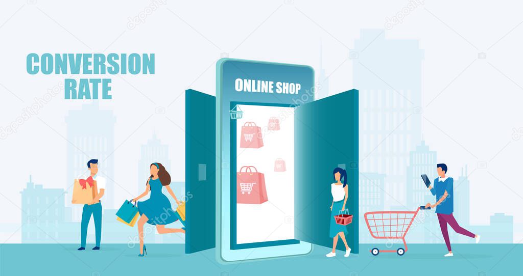 Vector of an increasing customer base people shopping online via smartphone app 