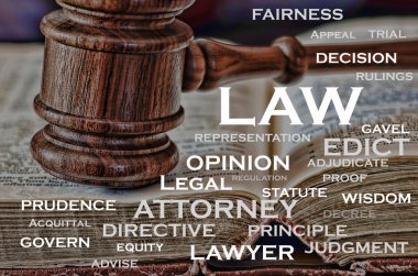 Wooden judge gavel and words clipart