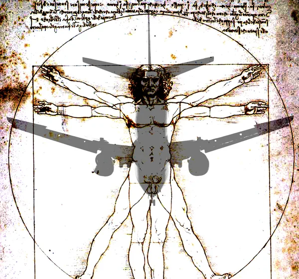 Avion au-dessus de Vitruvian Man de Da Vinci — Photo