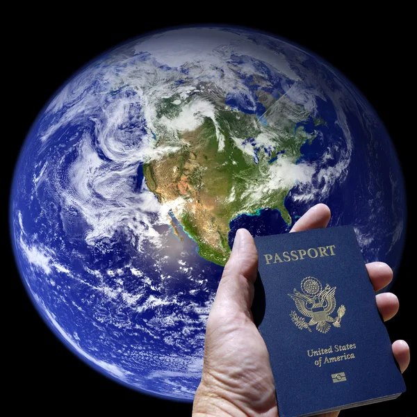 Earth and Hand holding Passport — Stock Photo, Image