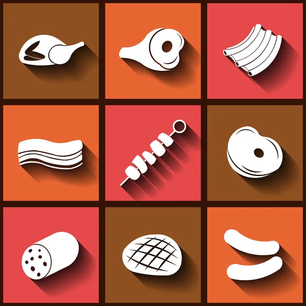 Set de 9 iconos planos con trozos de carne — Vector de stock