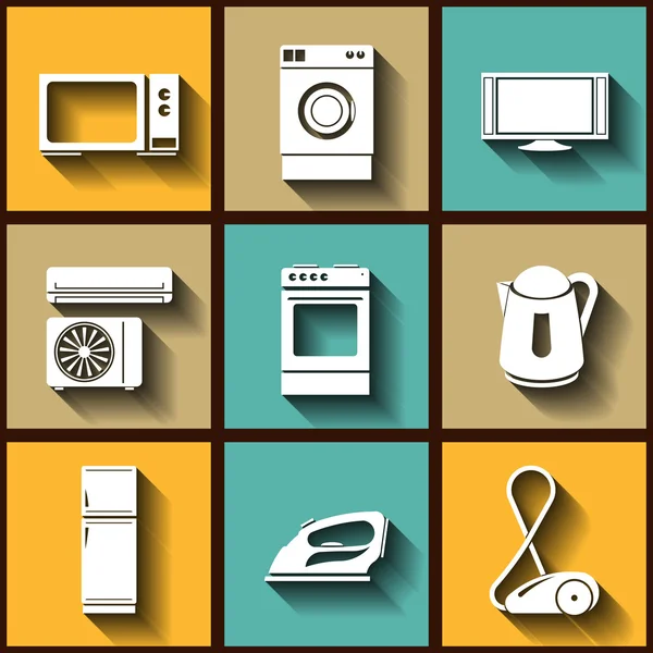 Σύνολο 9 επίπεδη εικόνες του καταστήματα ηλεκτρικών συσκευών οικιακής χρήσης — Διανυσματικό Αρχείο