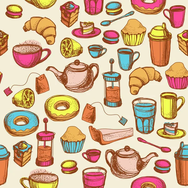 Modèle sans couture avec café et tasses à thé et bonbons — Image vectorielle