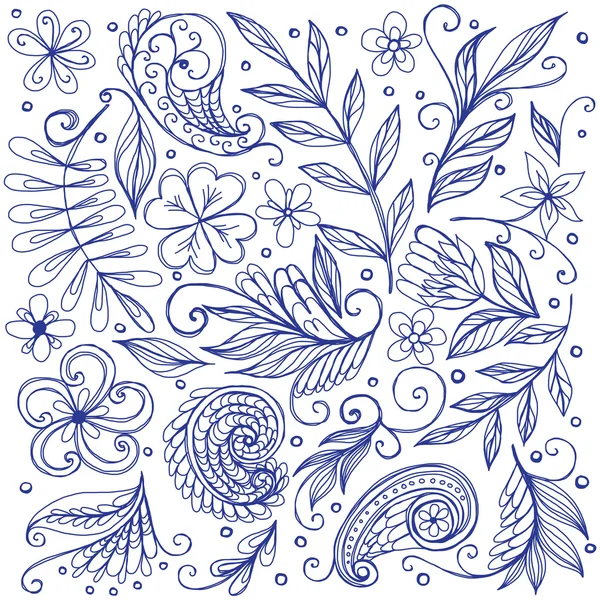 Ornamento doodle azul floral com plantas desenhadas à mão — Vetor de Stock