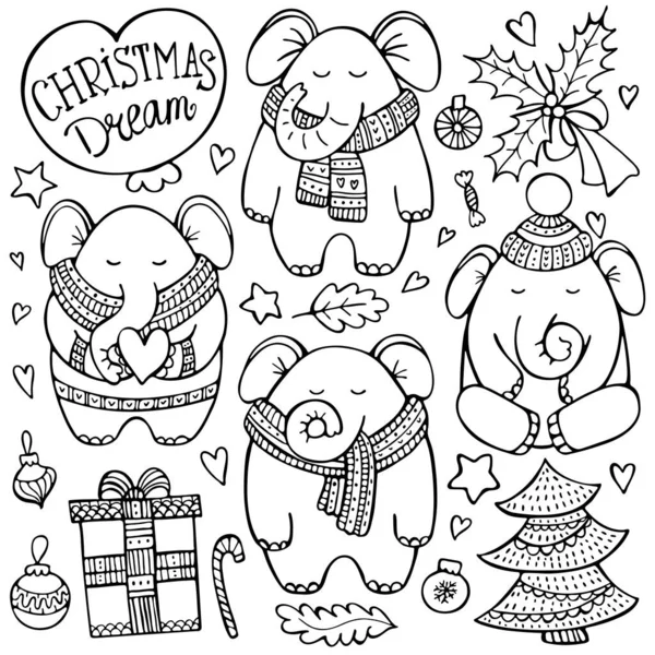 Doodle Natal Conjunto Com Elefantes Cachecóis Malha Cercado Por Elementos — Vetor de Stock