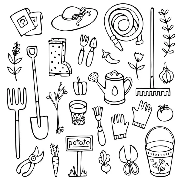 Ensemble de jardin Doodle, outils, éléments et trucs — Image vectorielle