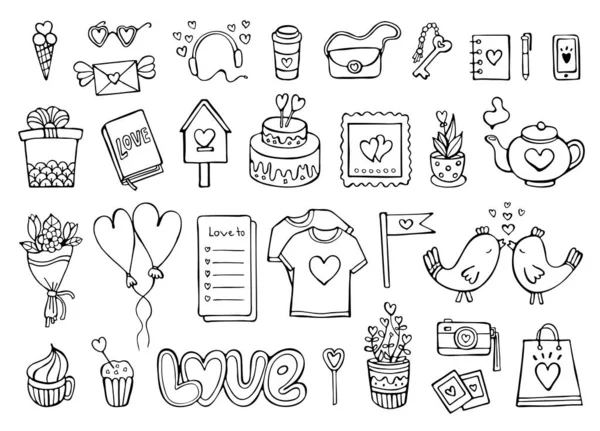 Conjunto de doodle romântico, elementos de amor e sentimentos — Vetor de Stock