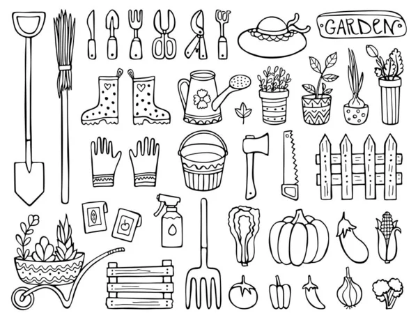 Ensemble de jardin Doodle, objets, outils et éléments. — Image vectorielle
