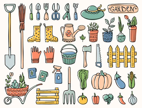 Doodle trädgård set, föremål, verktyg och element. — Stock vektor