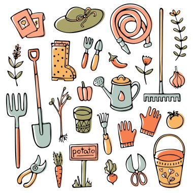 Doodle bahçe seti, aletler, elementler ve diğer şeyler.