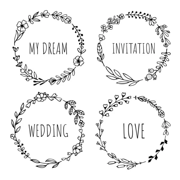 Set of black hand-drawn wreaths on white — Stock Vector