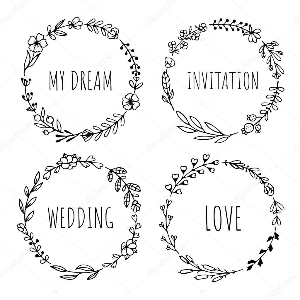 Set of black hand-drawn wreaths on white