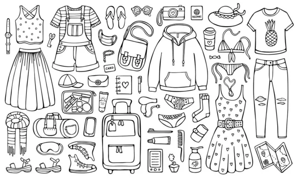 Doodle conjunto de ropa y cosas para viajar Vectores de stock libres de derechos