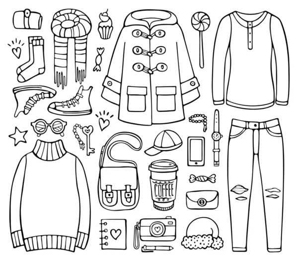 Doodle σετ ρούχων και στοιχείων για την κρύα εποχή — Διανυσματικό Αρχείο