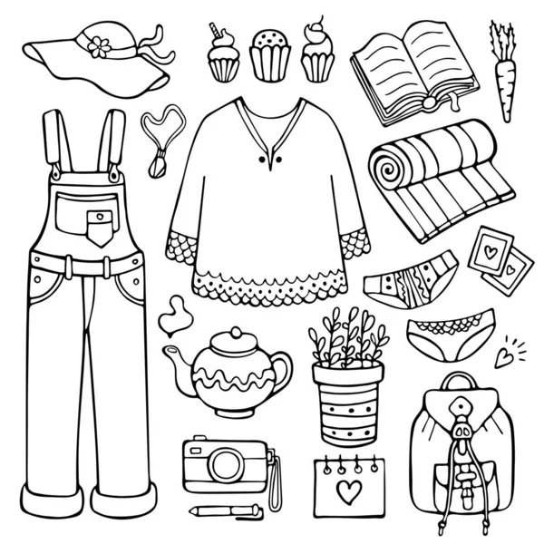 Doodle σετ γυναικείων ρούχων και άλλων αντικειμένων — Διανυσματικό Αρχείο