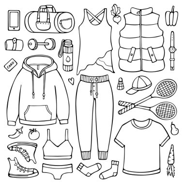 Kadın kıyafetleri ve spor malzemeleri.