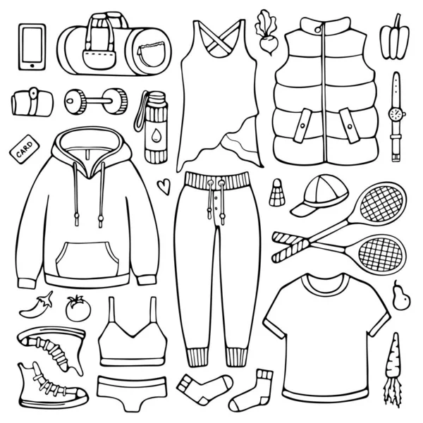 Doodle conjunto de roupas femininas e itens para fitness Vetores De Bancos De Imagens Sem Royalties