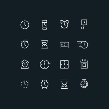 Farklı zaman simgeleri ayarlayın. Saat, saat, takvim, kum saati, kronometre. Çizgi sanatı vektör illüstrasyon. Saat seti. Saat çizgisi simgesi. Saat logosu. Saat arabirimi simgesi. Saat uygulaması simgesi