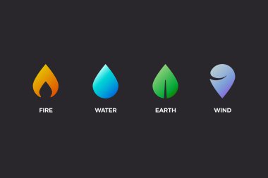 Doğa öğeleri. Su, Ateş, Toprak, Hava. Koyu arka plan üzerinde tasarım öğeleri. Yenilenebilir enerji veya ekoloji logoları, amblemler veya kartlar için şablonlar. Alternatif enerji kaynakları