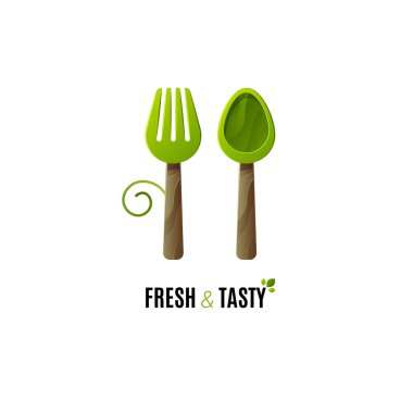 Sağlıklı gıda vektör logo şablonu. Çatal ve kaşık yemek logosu. Vegan gıda logosu. 