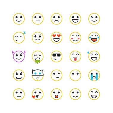Beyaz arka plan üzerinde çizgi resmi sarı ifadeler kümesi. Vektör ifadeler illüstrasyon. İfadeler vektör kümesi. İfadeler web simgeleri. Emoji iocns. Gülen yüzler. İfadeler kümesi. Emoji seti. Gülümseme simgeleri.