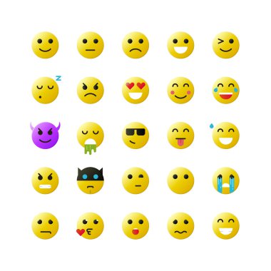 Beyaz arka plan üzerinde sarı ifadeler kümesi. Vektör ifadeler illüstrasyon. İfadeler vektör kümesi. İfadeler web simgeleri. Emoji iocns. Gülen yüzler. İfadeler kümesi. Emoji seti. Gülümseme simgeleri.