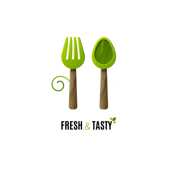 Plantilla de logotipo de vector de alimentos saludables. Tenedor y cuchara logotipo de alimentos. Logo de comida vegana . — Archivo Imágenes Vectoriales