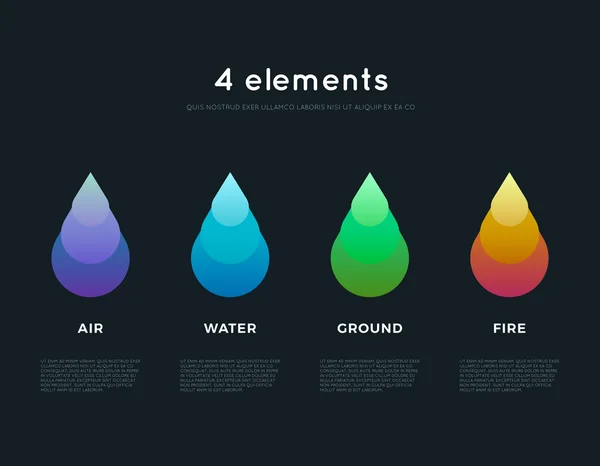 Naturelemente. Wasser, Feuer, Erde, Luft. Infografik-Elemente auf dunklem Hintergrund. Vorlagen für erneuerbare Energien oder ökologische Logos, Embleme oder Karten. alternative Energiequellen — Stockvektor