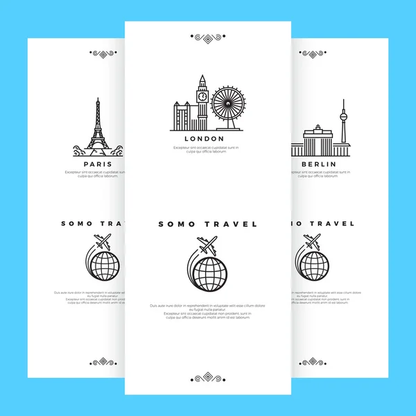 Flyer mockup met lijn kunststeden voor reisgezelschap. Toeristische ontwerpsjabloon, vector illustratie — Stockvector