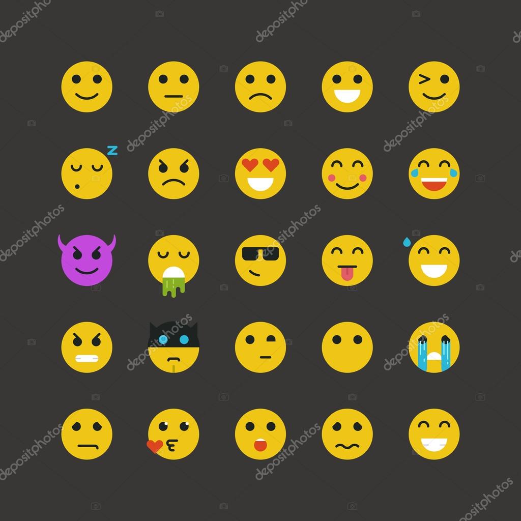 暗い背景に平らな黄色の絵文字のセット ベクトル絵文字イラスト 絵文字ベクトルセット 絵文字のウェブアイコン 絵文字のiocns スマイリーの顔 絵文字 のセット 絵文字のセット 笑顔アイコン ストックベクター C Mreleidan
