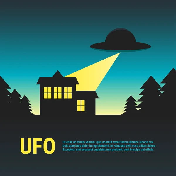 UFO con casa nel bosco — Vettoriale Stock